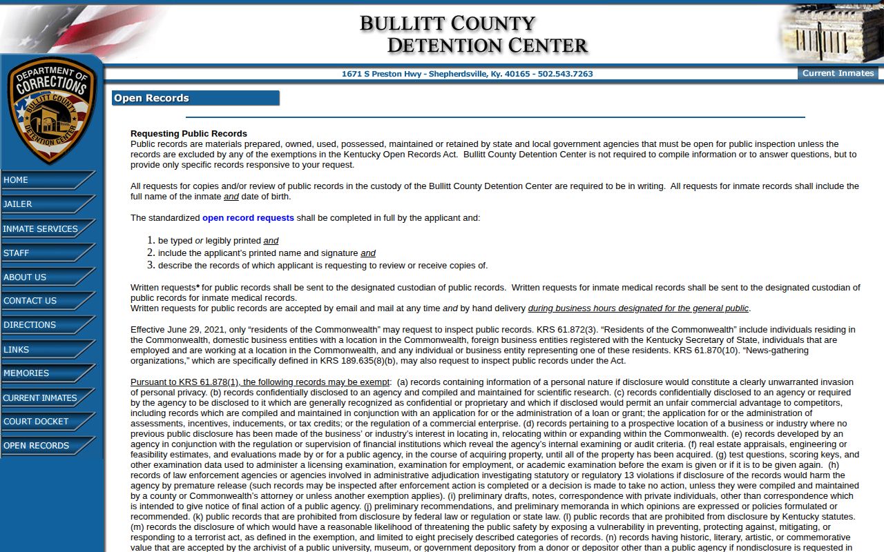 Bullitt County booking record open records instructions