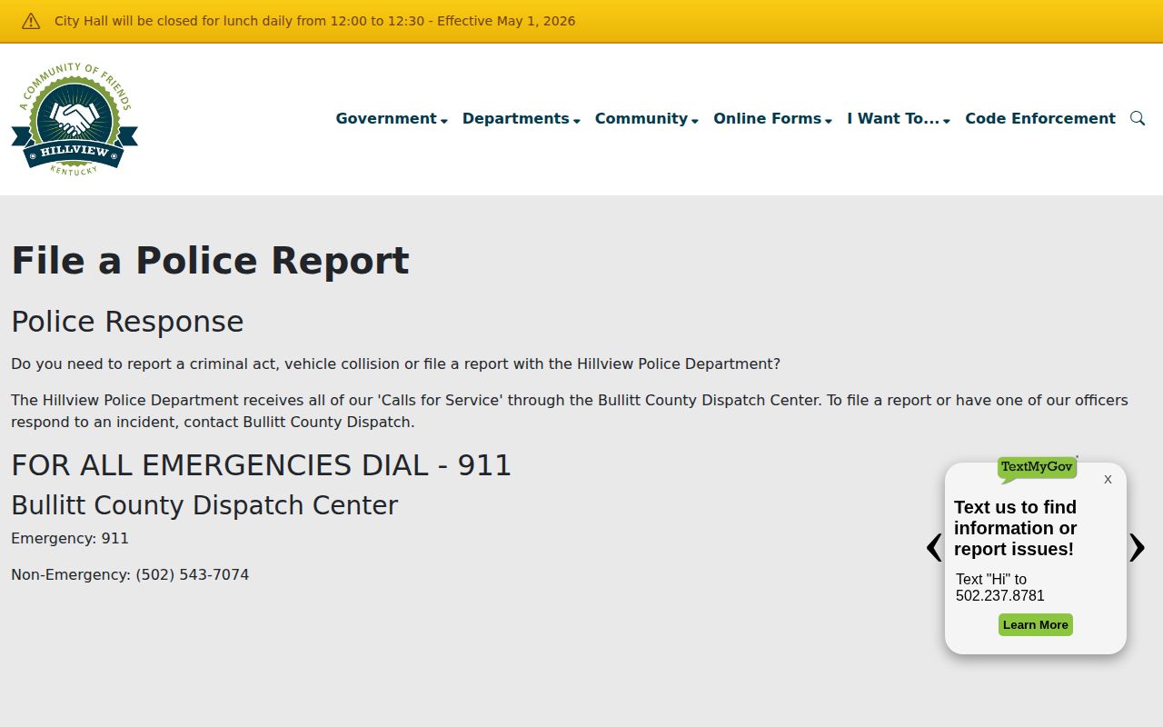 Hillview official police report page showing Bullitt County Dispatch route