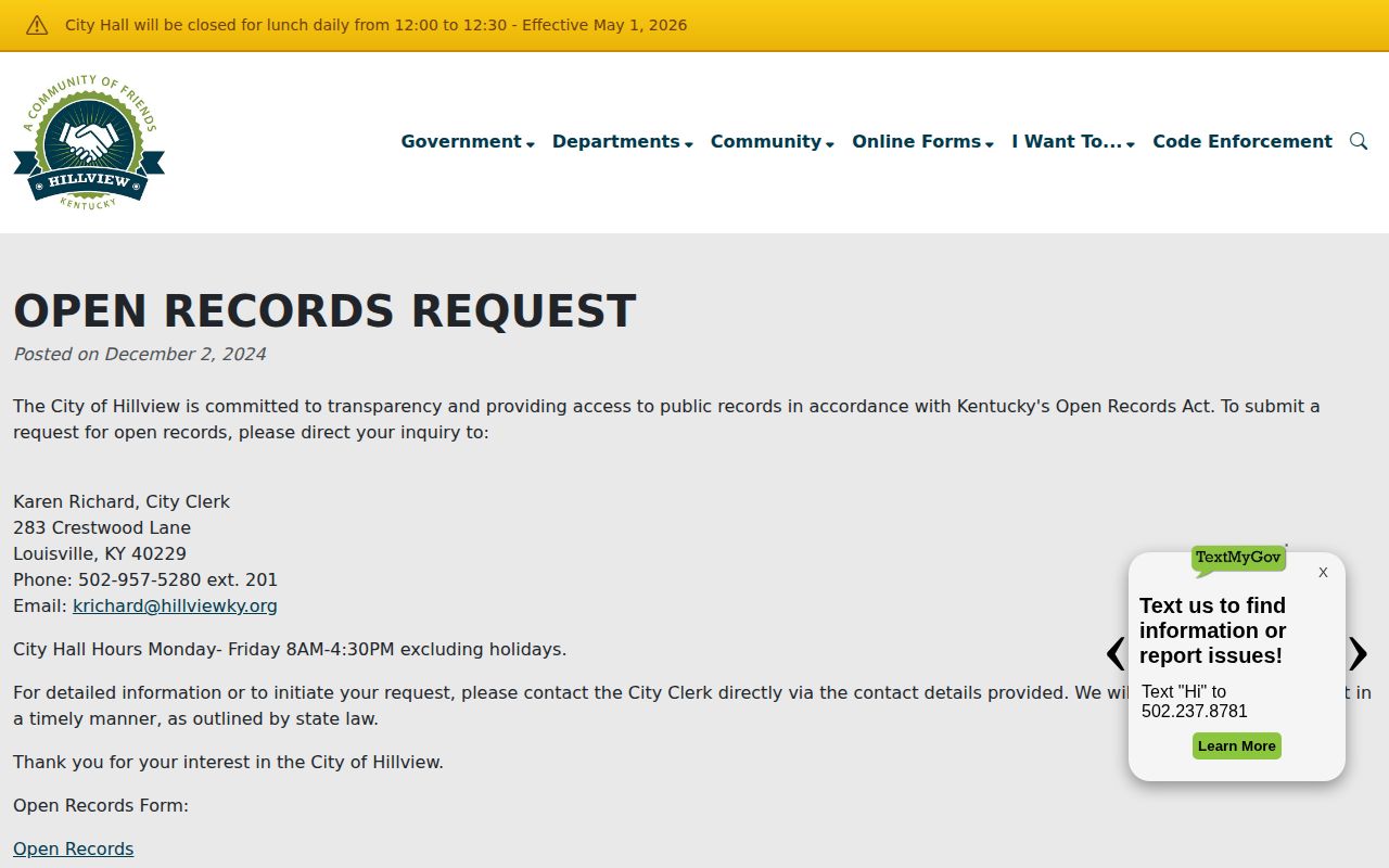 Hillview official open records request page through the city clerk