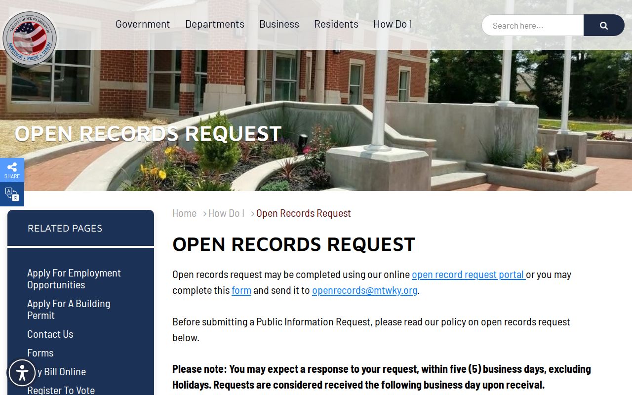 Mount Washington official open records request page