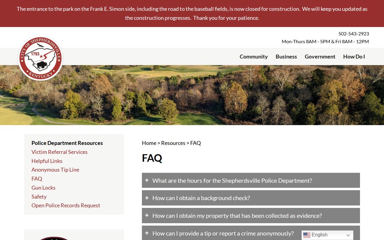Shepherdsville Police FAQ directing custody questions to Bullitt County Detention Center