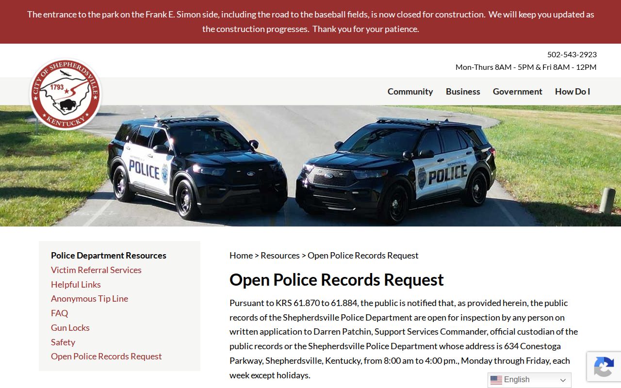 Shepherdsville official police open records and fee page