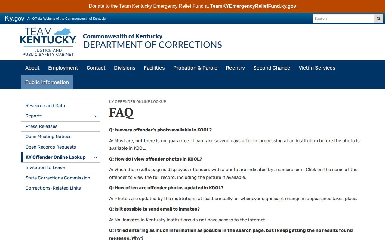 Kentucky DOC offender photo guidance for Bullitt County records